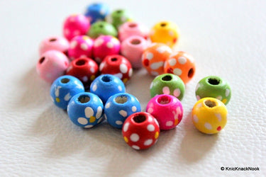 20 x Multicolor Wood Beads with Handpainted Flowers 10mmx9mm